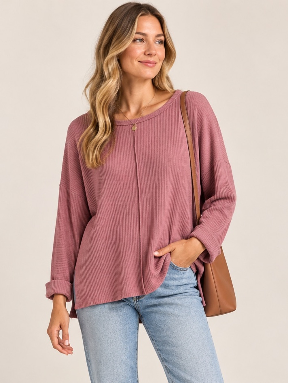 Zenana Mauve Ribbed Knit Oversized Long Sleeve Top Medium